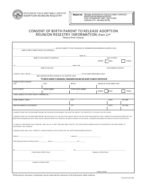 Consent of Birth Parent to Release Adoption Reunion Registry Information (Part 2) - Nevada Download Pdf