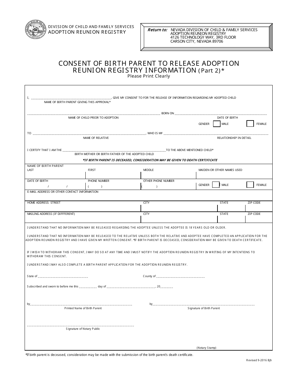 Consent of Birth Parent to Release Adoption Reunion Registry Information (Part 2) - Nevada, Page 1