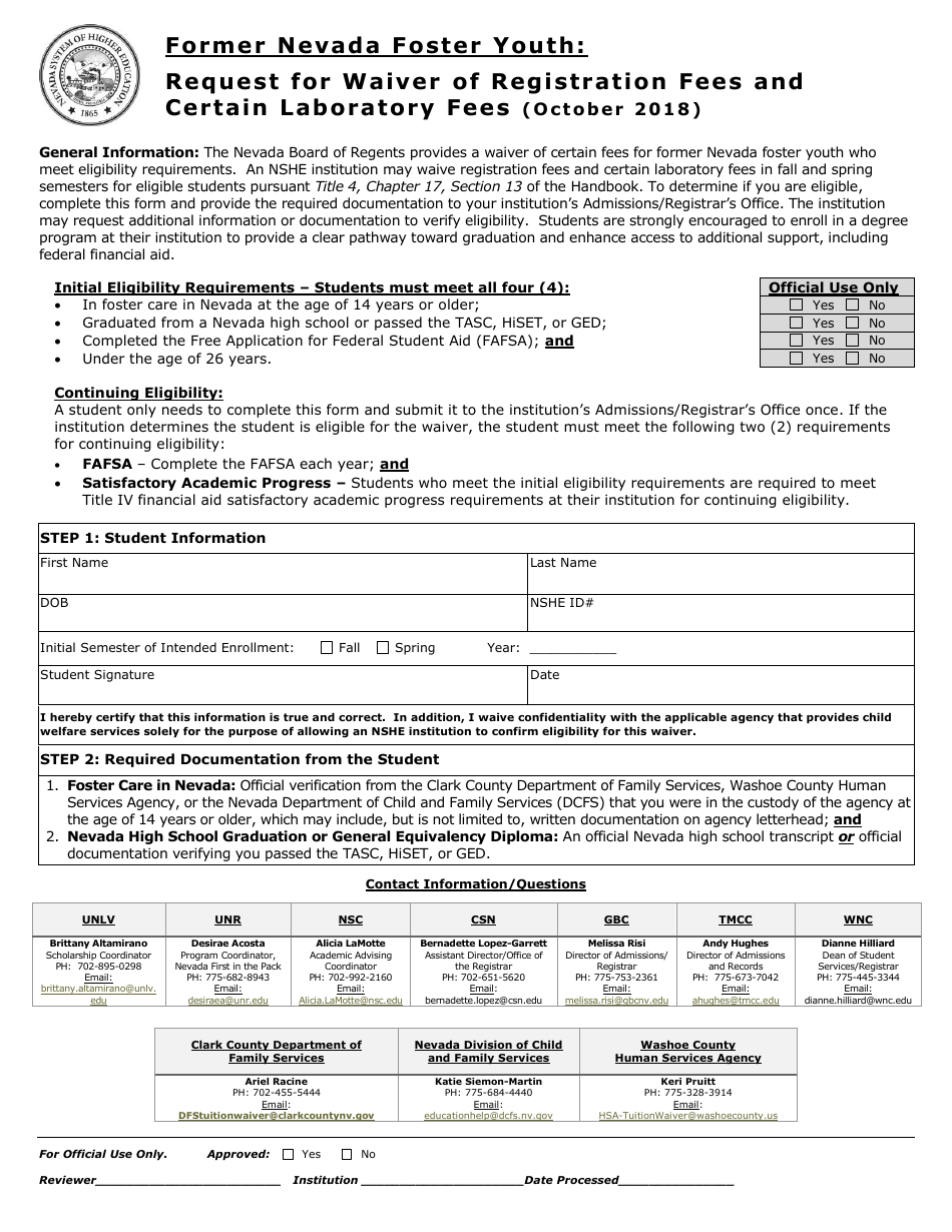 Request for Waiver of Registration Fees and Certain Laboratory Fees - Nevada, Page 1