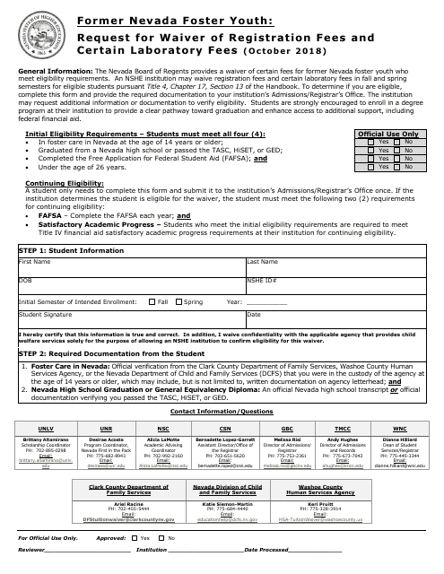 Request for Waiver of Registration Fees and Certain Laboratory Fees - Nevada Download Pdf