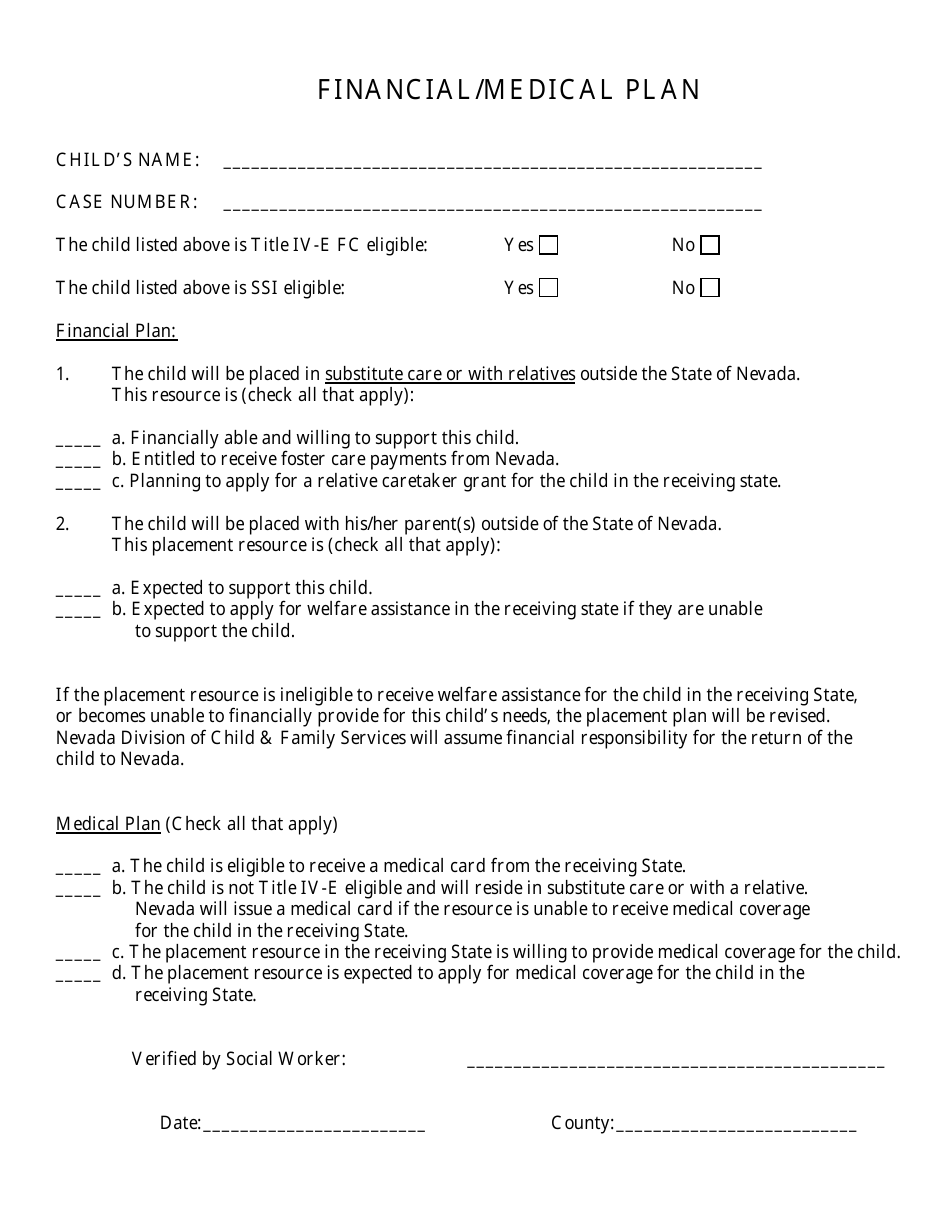 Financial / Medical Plan Form - Nevada, Page 1