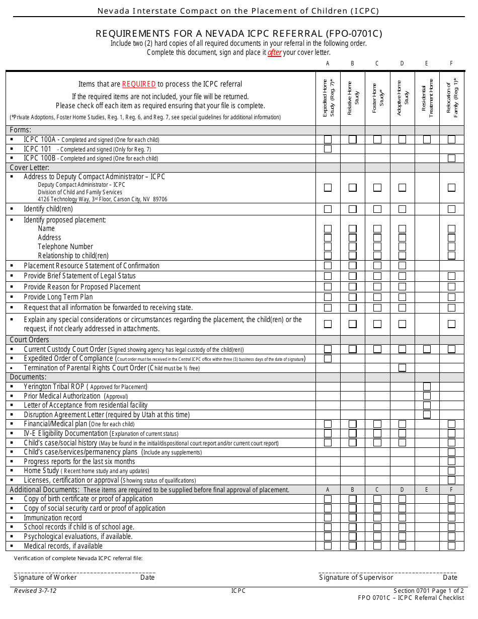 Form FPO-0701C Icpc General Checklist - Nevada, Page 1