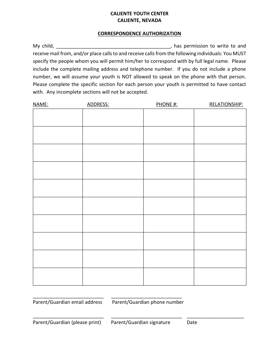 Correspondence Authorization Form - Nevada, Page 1