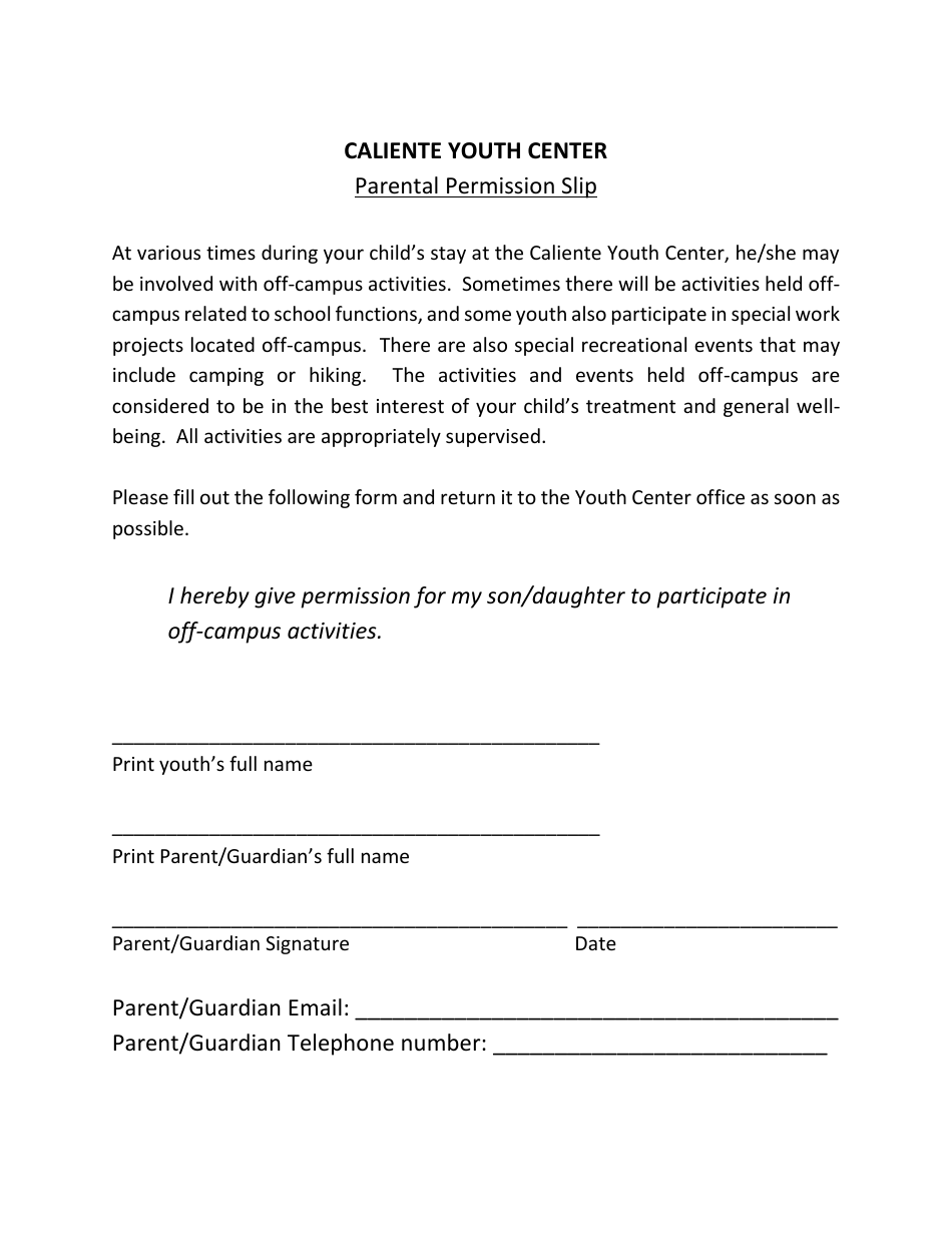 Parental Permission Slip Form - Nevada, Page 1