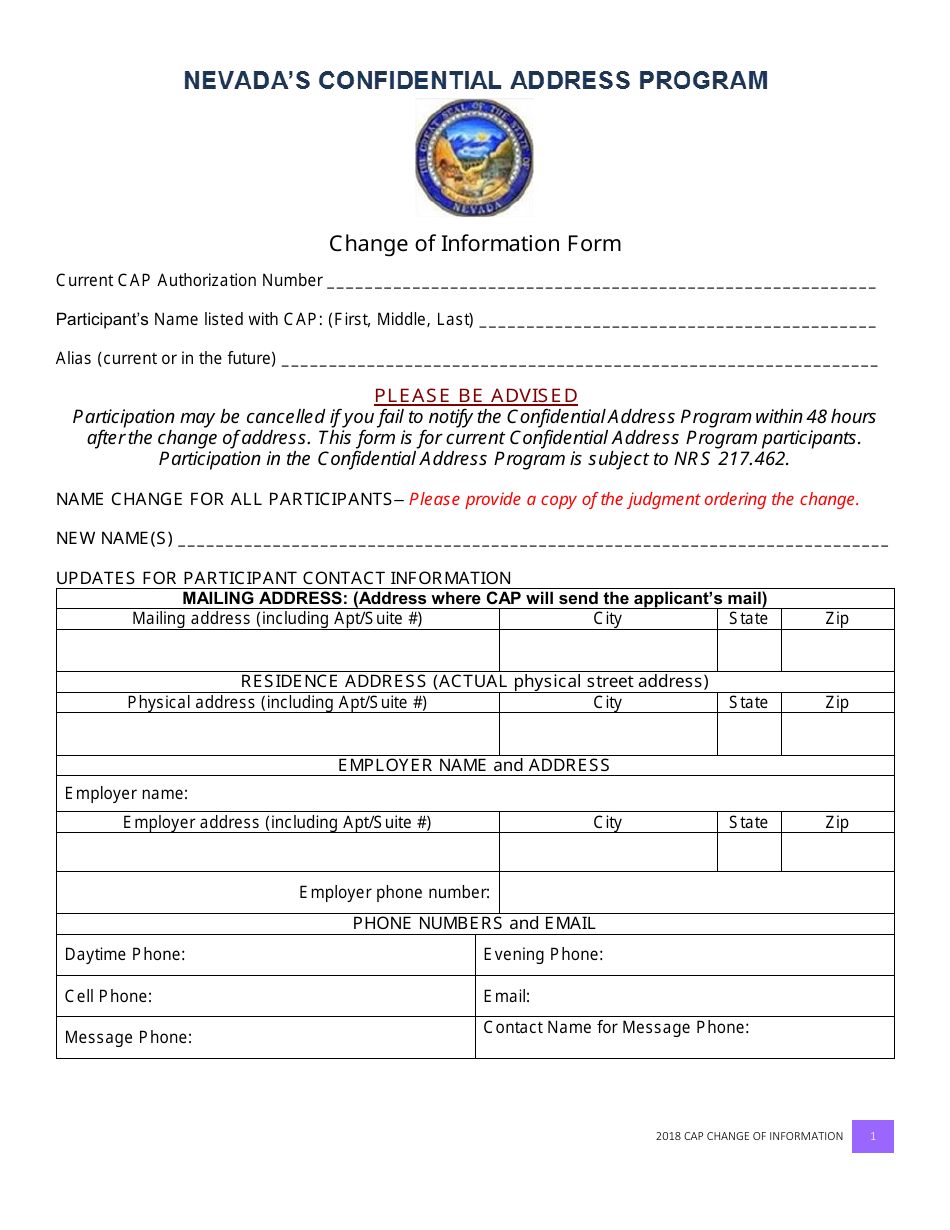 Change of Information Form - Nevadas Confidential Address Program (CAP) - Nevada, Page 1