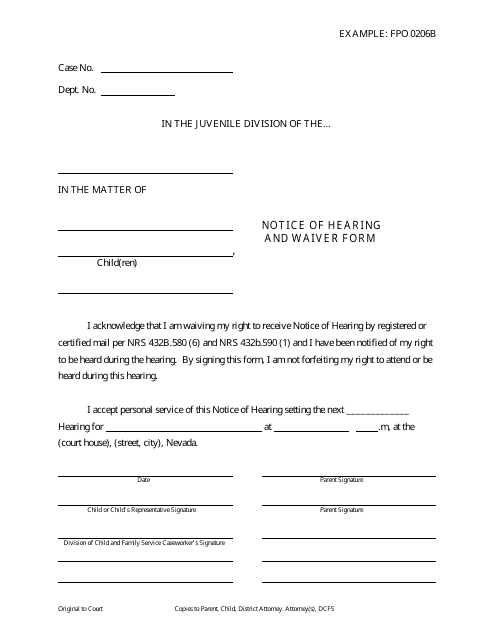 Notice of Hearing and Waiver Form - Nevada Download Pdf