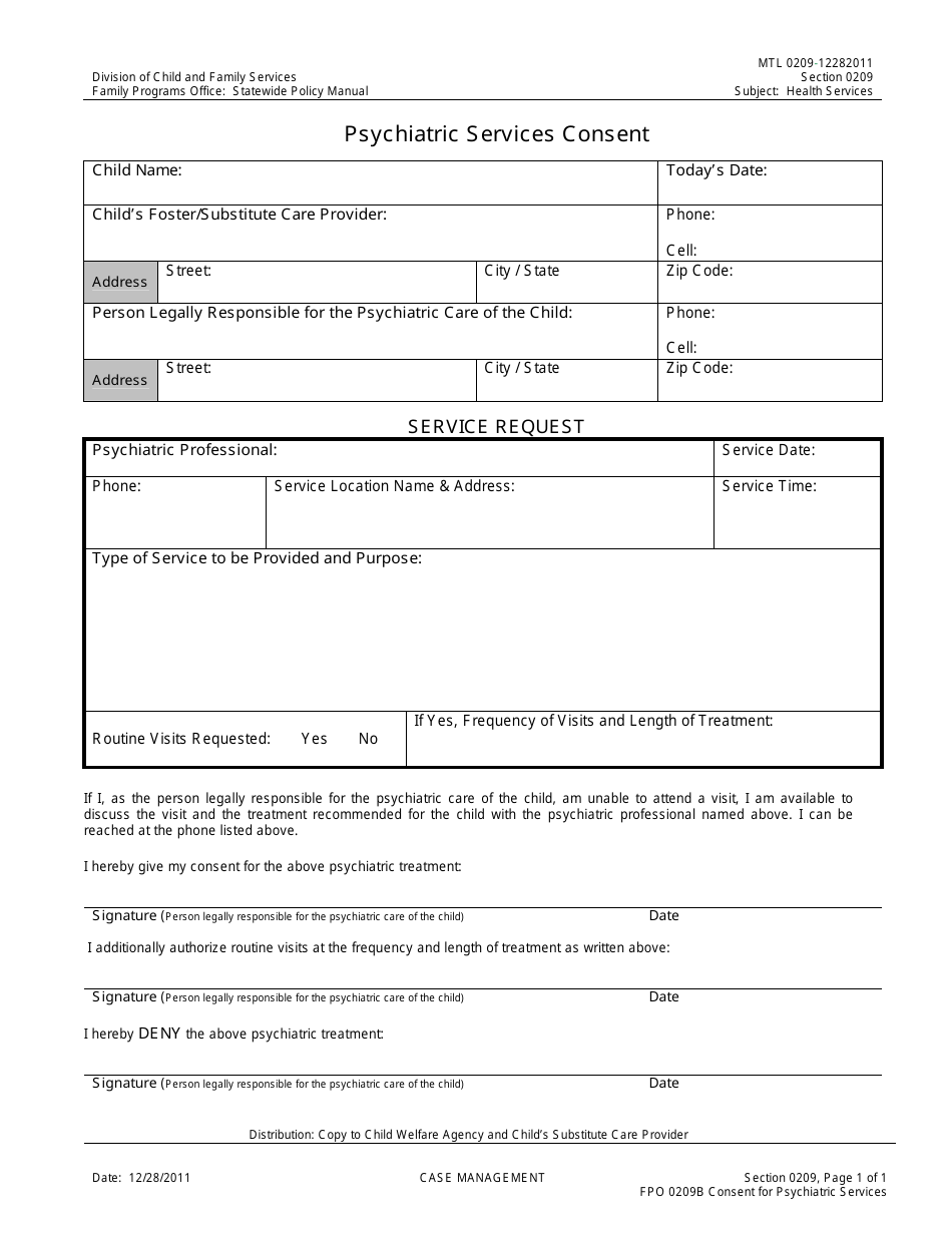 Form FPO0209B Psychiatric Services Consent - Nevada, Page 1