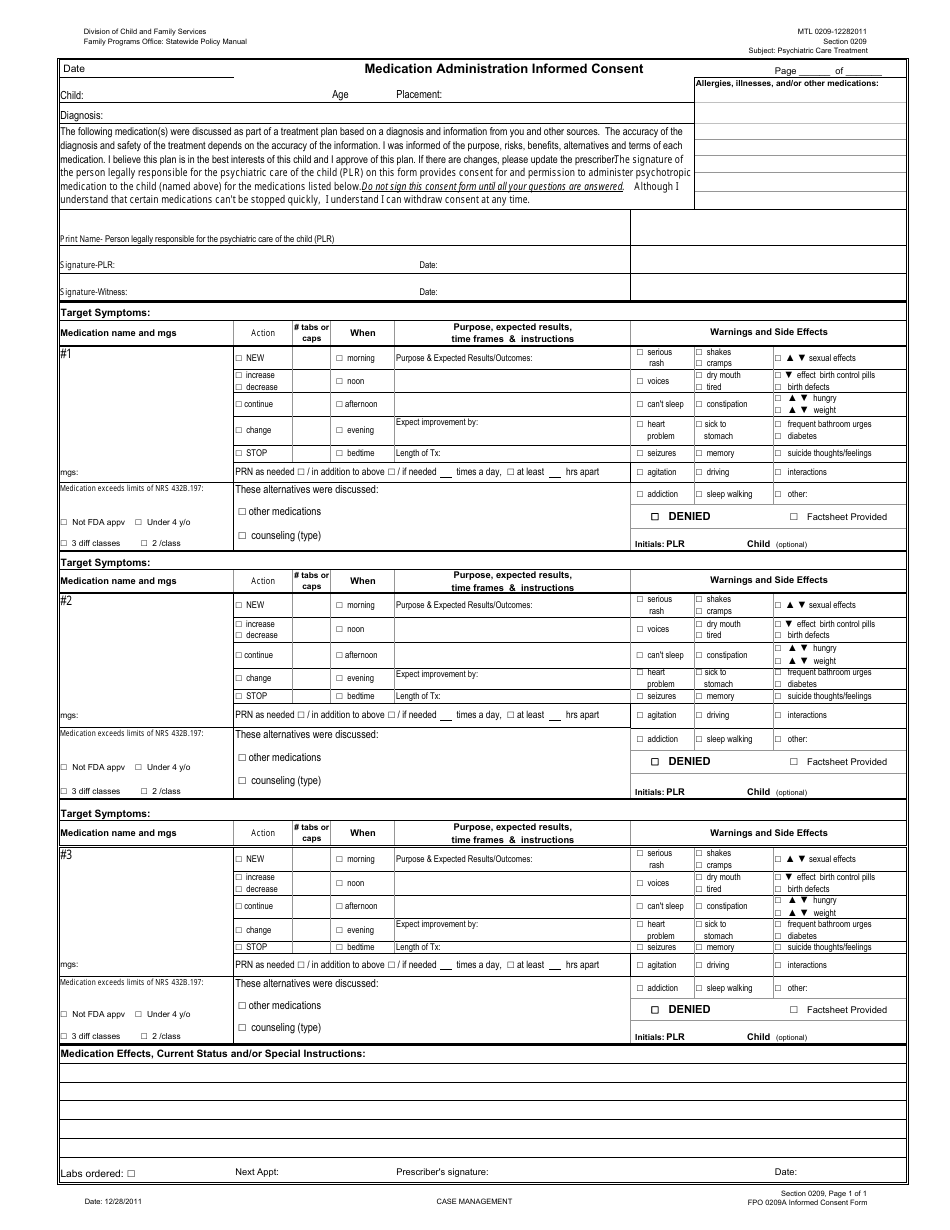 Form FPO0209A Medication Administration Informed Consent - Nevada, Page 1