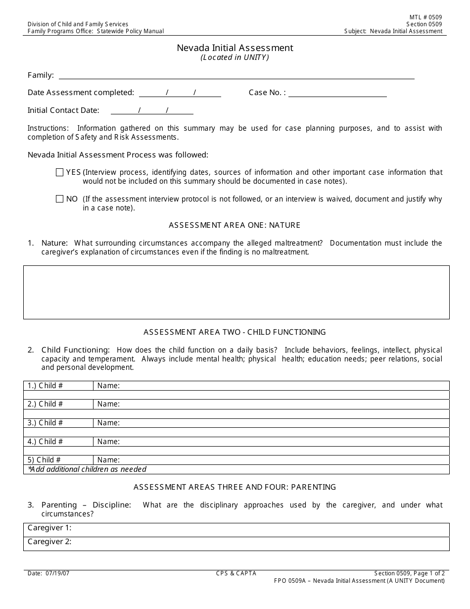 Form FPO0509A Nevada Initial Assessment (Located in Unity) - Nevada, Page 1
