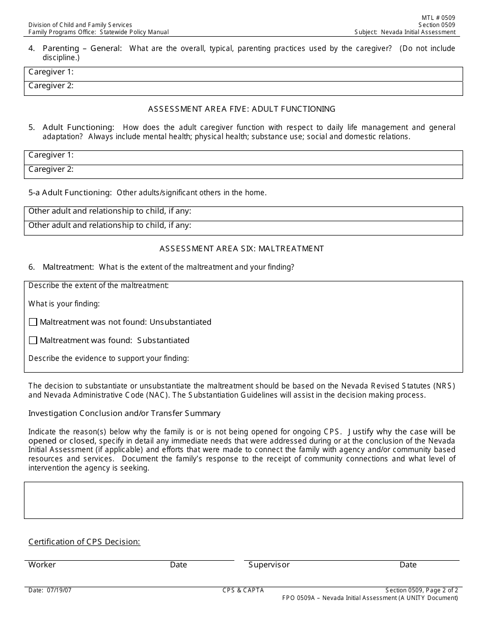 Form FPO0509A Nevada Initial Assessment (Located in Unity) - Nevada, Page 2