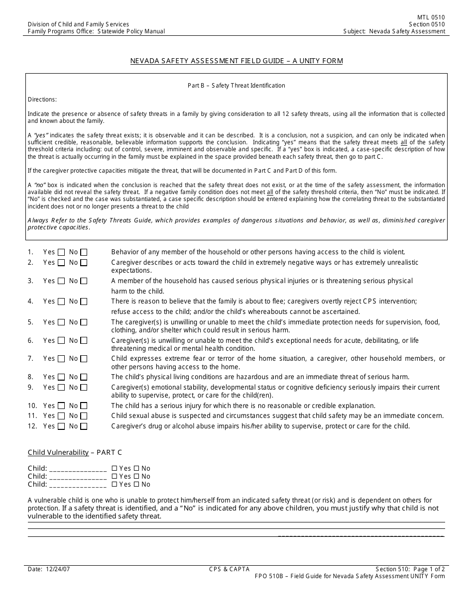Form FPO510B Nevada Safety Assessment Field Guide - a Unity Form - Nevada, Page 1