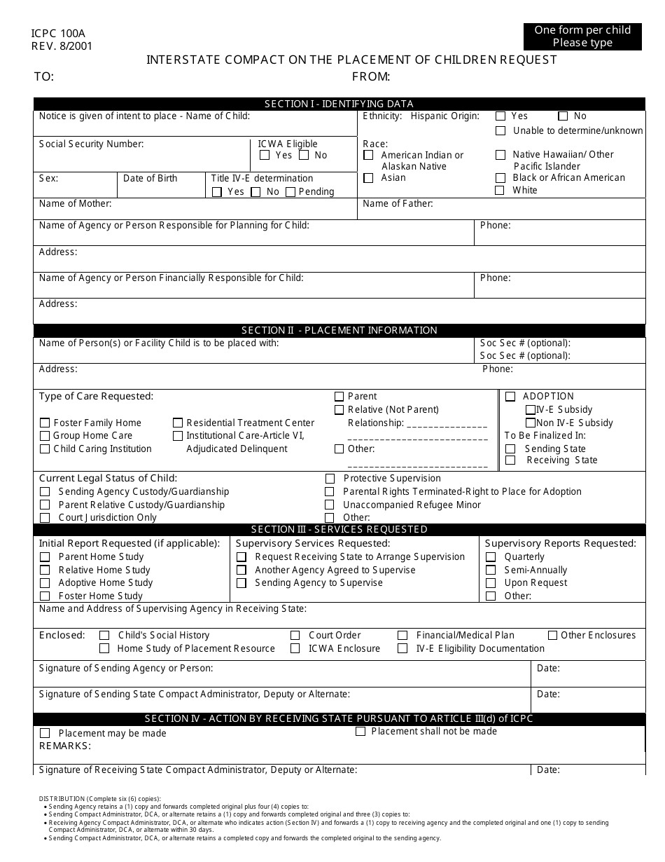 Form ICPC100A Interstate Compact on the Placement of Children Request - Nevada, Page 1