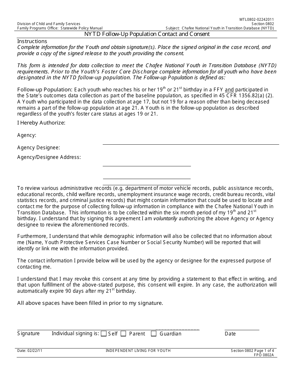 Form FPO0802A Nytd Follow-Up Population Contact and Consent - Nevada, Page 1