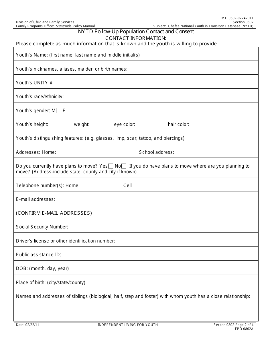 Form FPO0802A Nytd Follow-Up Population Contact and Consent - Nevada, Page 2