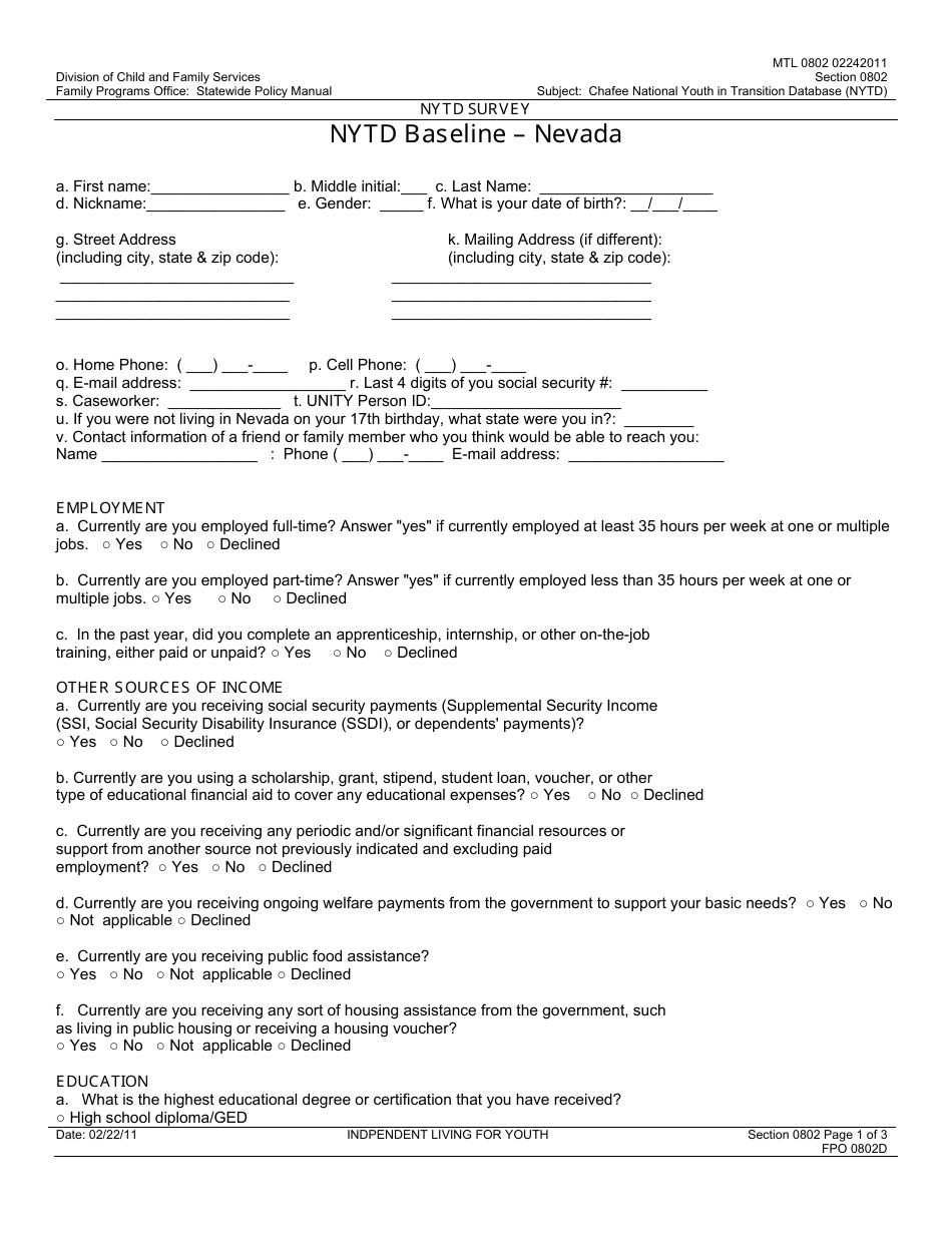 Form FPO0802D Nytd Survey - Nytd Baseline - Nevada - Nevada, Page 1