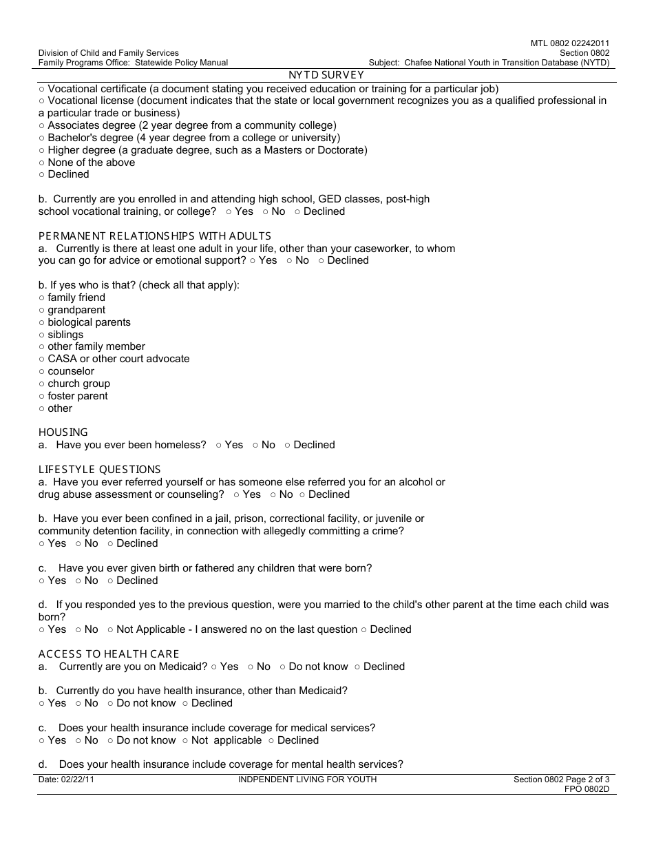 Form FPO0802D Nytd Survey - Nytd Baseline - Nevada - Nevada, Page 2