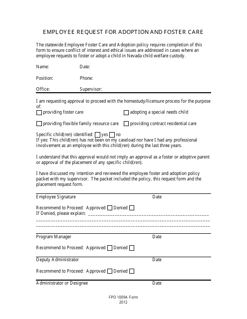 Form FPO1009A Employee Request for Adoption and Foster Care - Nevada