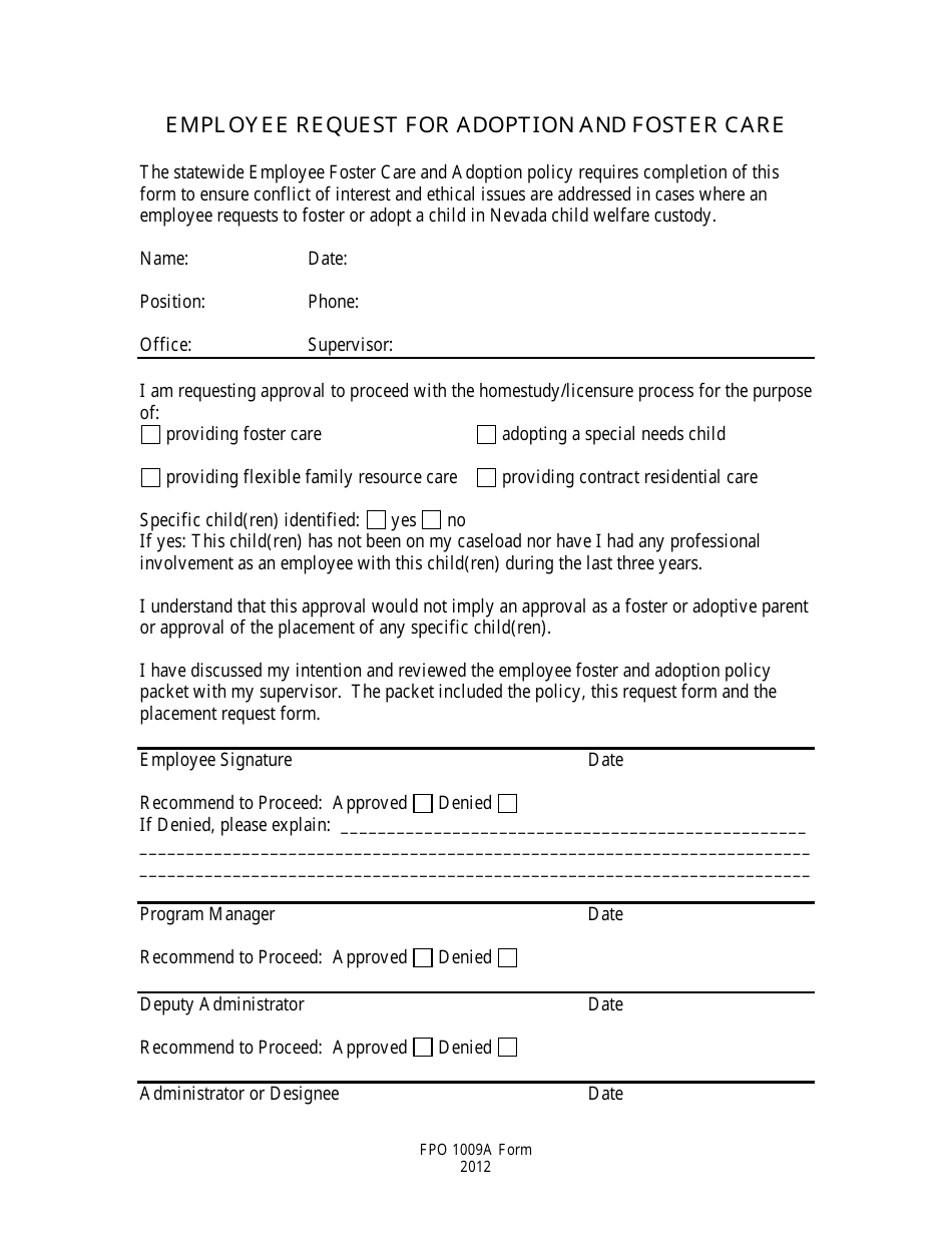 Form FPO1009A Employee Request for Adoption and Foster Care - Nevada, Page 1