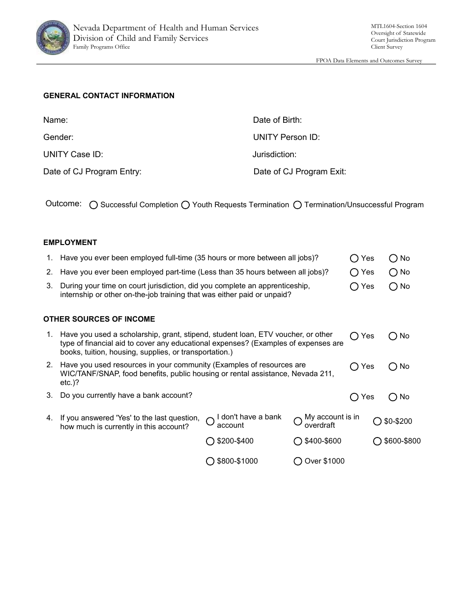 Form FPO1604A Court Jurisdiction Survey - Nevada, Page 1