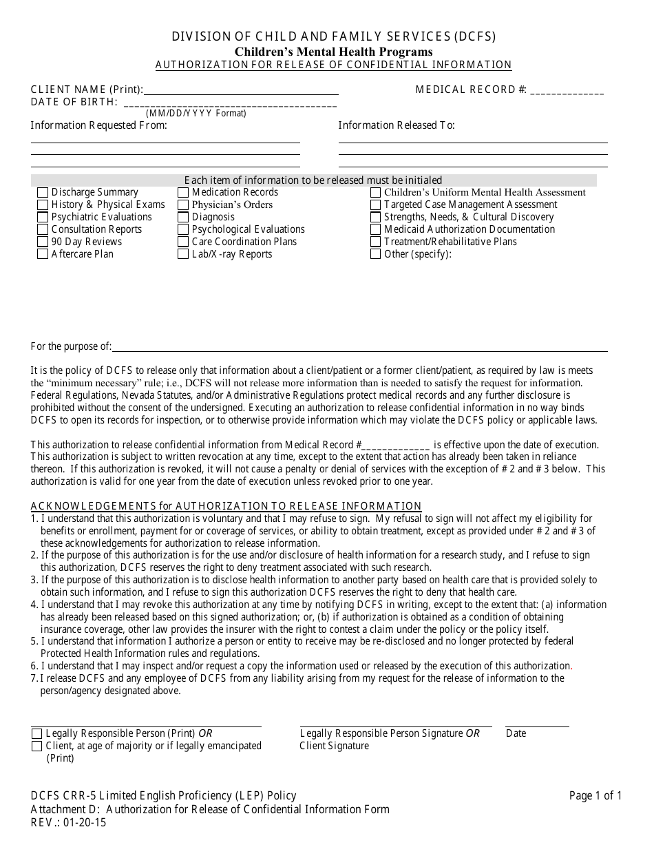 Form CRR-5 Attachment D Authorization for Release of Confidential Information - Childrens Mental Health Programs - Nevada, Page 1