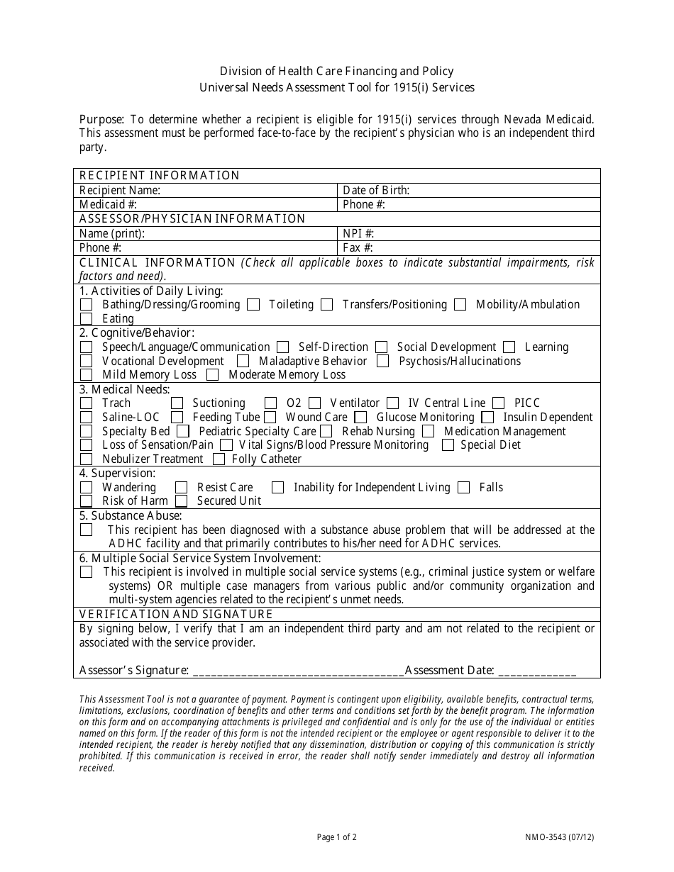 Form NMO-3543 Universal Needs Assessment Tool for 1915(I) Services - Nevada, Page 1