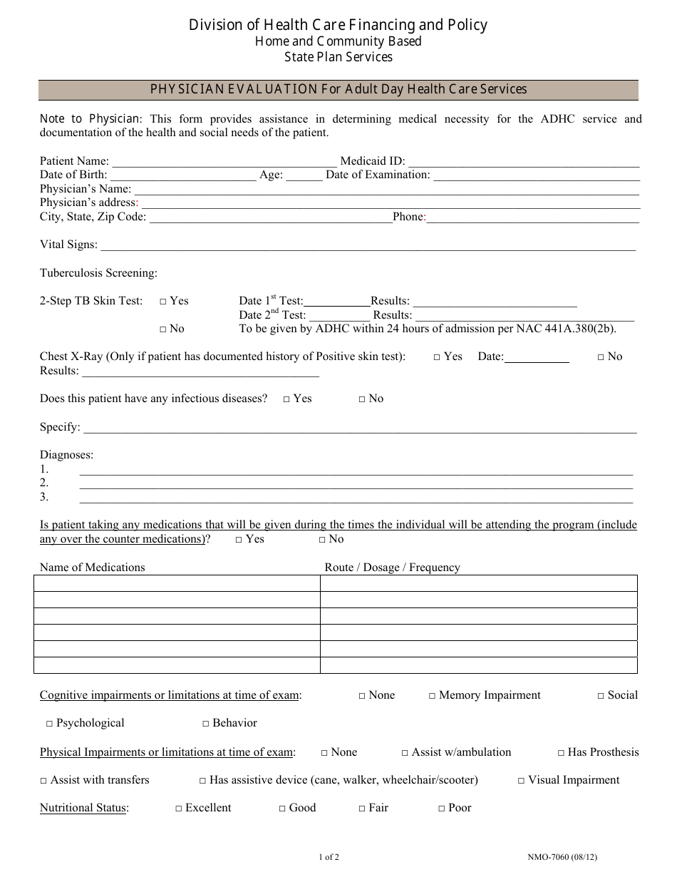 Form NMO-7060 Physician Evaluation for Adult Day Health Care Services - Nevada, Page 1