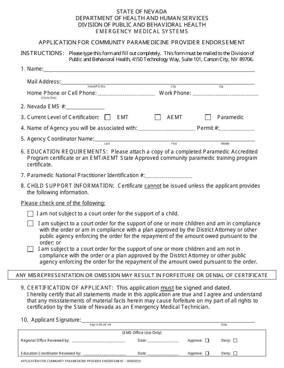 Application for Community Paramedicine Provider Endorsement - Nevada, Page 1