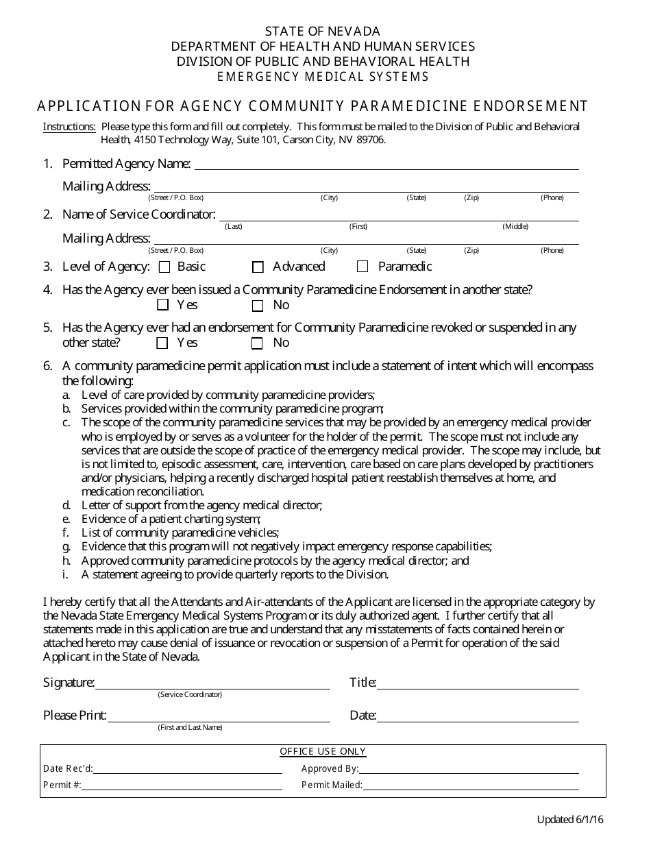 Application for Agency Community Paramedicine Endorsement - Nevada, Page 1