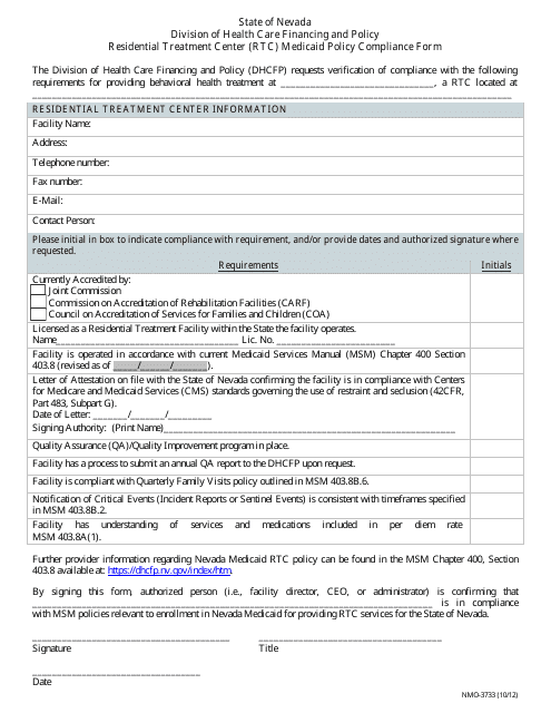 Form NMO-3733 Residential Treatment Center (Rtc) Medicaid Policy Compliance Form - Nevada