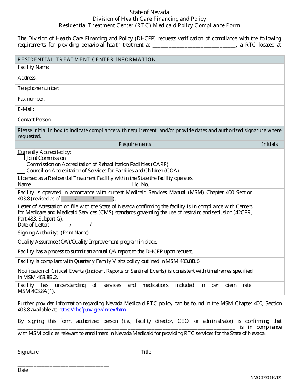 Form NMO-3733 Residential Treatment Center (Rtc) Medicaid Policy Compliance Form - Nevada, Page 1