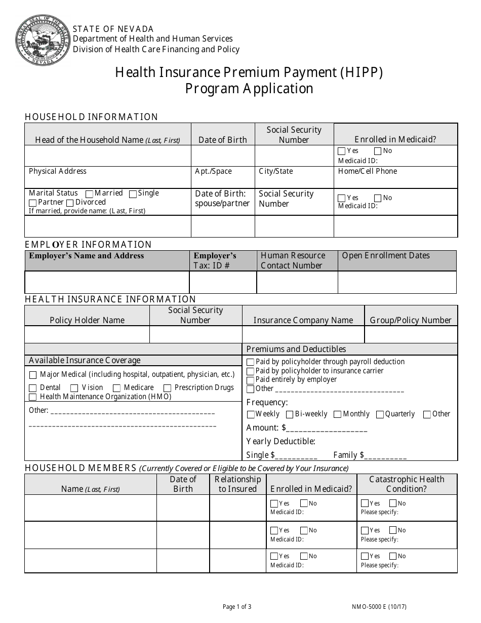 Form NMO-5000 E Health Insurance Premium Payment (HIPP) Program Application - Nevada, Page 1