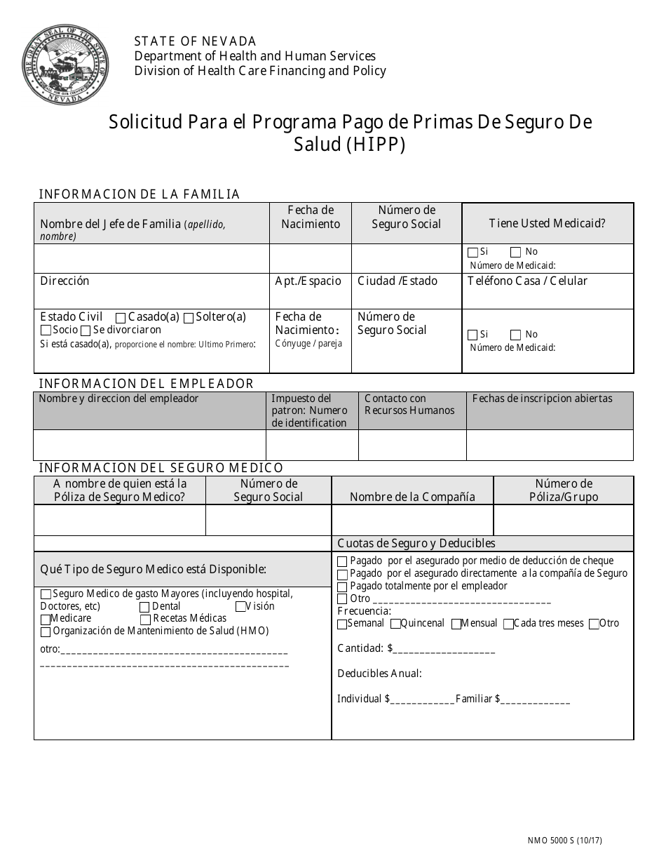 Formulario NMO5000 S Solicitud Para El Programa Pago De Primas De Seguro De Salud (HIPP) - Nevada (Spanish), Page 1