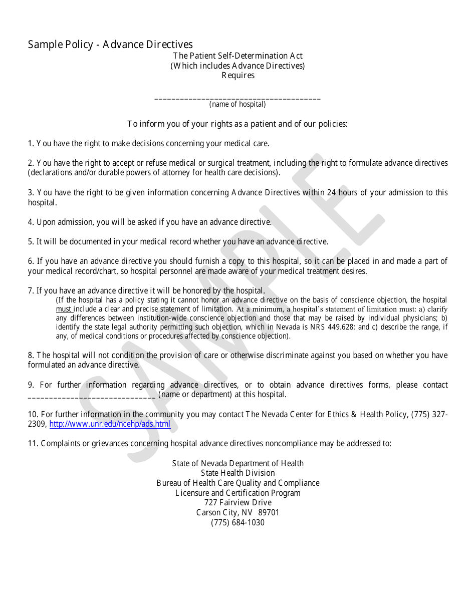 Nevada Advance Directive Acknowledgement Form - Sample - Fill Out, Sign ...