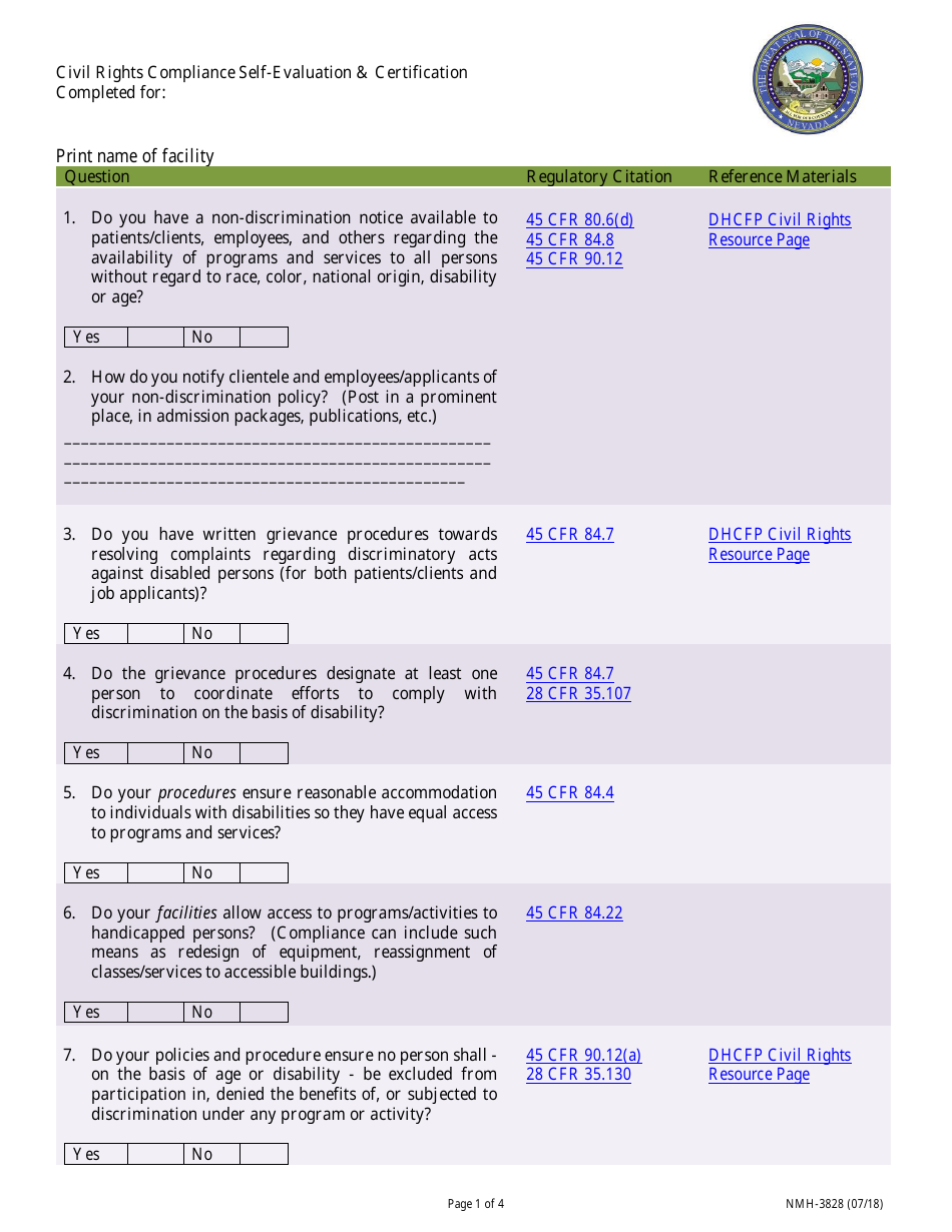 Form NMH-3828 Civil Rights Compliance Self-evaluation  Certification - Nevada, Page 1
