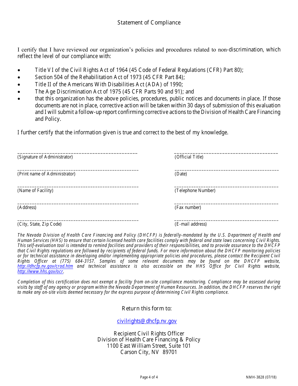 Form NMH-3828 Civil Rights Compliance Self-evaluation  Certification - Nevada, Page 4