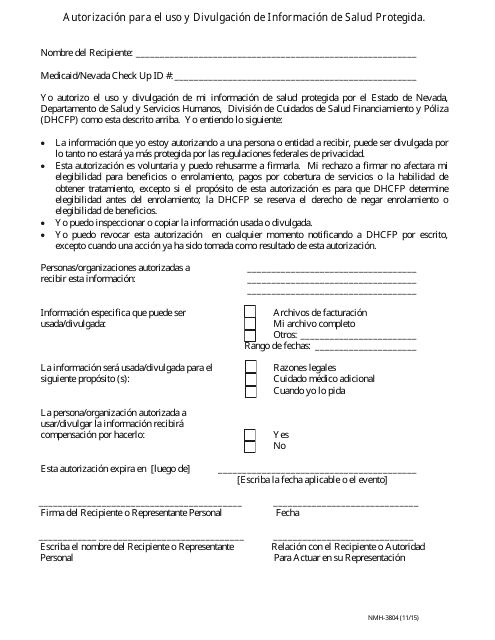 Formulario NMH-3804 Autorizacion Para El Uso Y Divulgacion De Informacion De Salud Protegida - Nevada (Spanish)