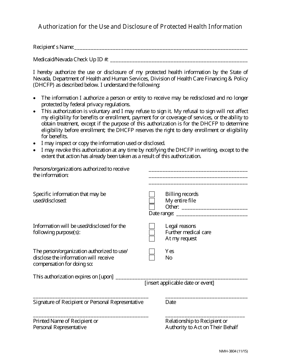 Form NMH-3804 Authorization for the Use and Disclosure of Protected Health Information - Nevada, Page 1