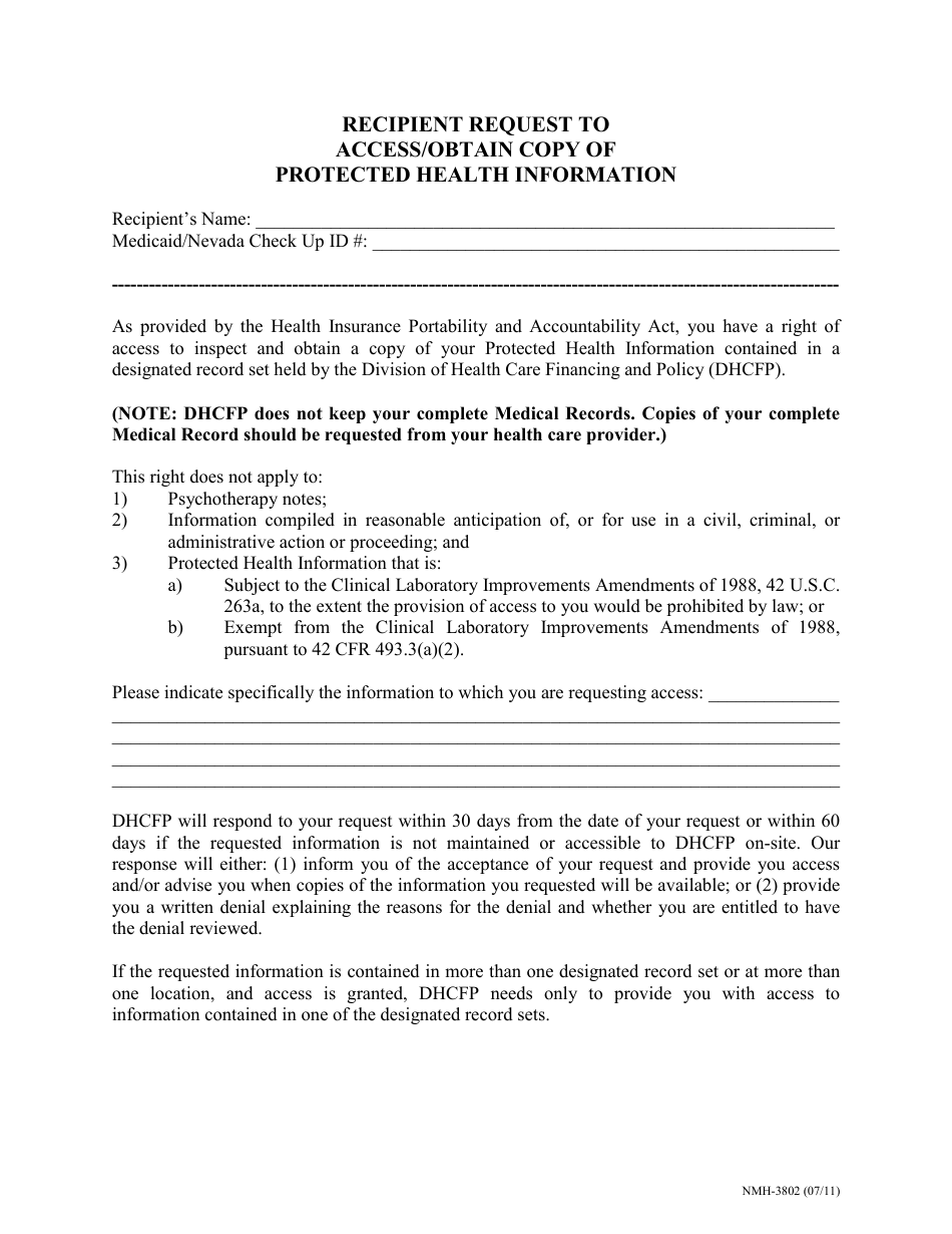 Form NMH-3802 Recipient Request to Access/Obtain Copy of Protected Health Information - Nevada, Page 1