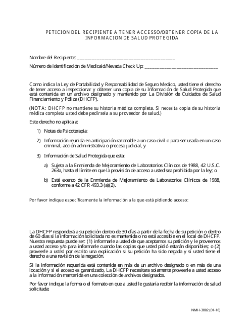 Formulario NMH-3802 Peticion Del Recipiente a Tener Accesso/Obtener Copia De La Informacion De Salud Protegida - Nevada (Spanish)
