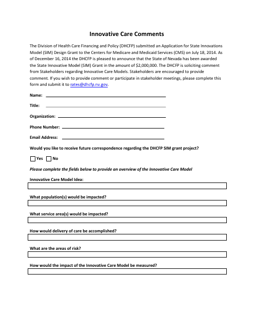 Innovative Care Comments Form - Nevada Download Pdf