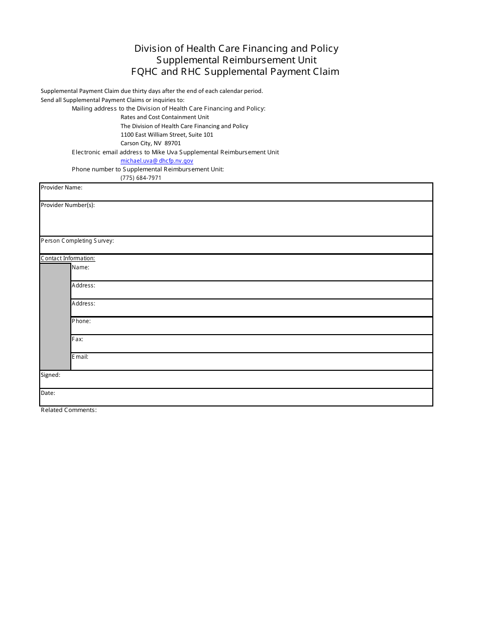 Fqhc and Rhc Supplemental Payment Claim Form - Wrap Supplemental Payment Program - Nevada, Page 1