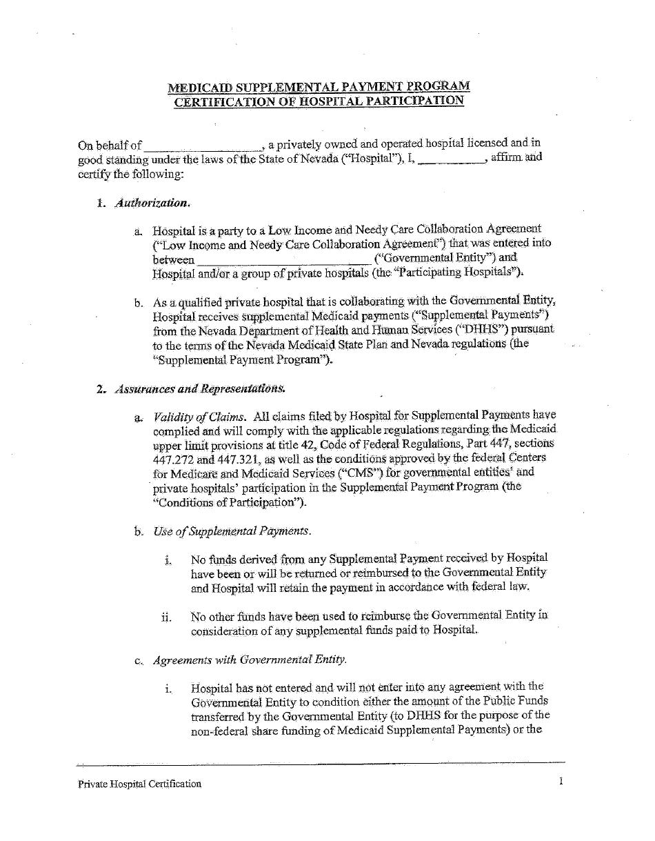 Form 83241 Certification of Hospital Participation - Medicaid Supplemental Payment Program - Nevada, Page 1