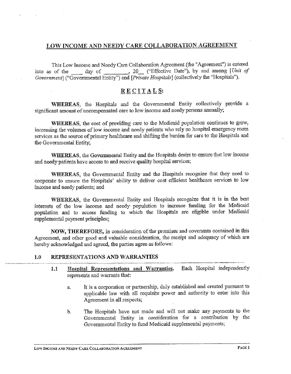 Form 80923 Low Income and Needy Care Collaboration Agreement - Nevada, Page 1