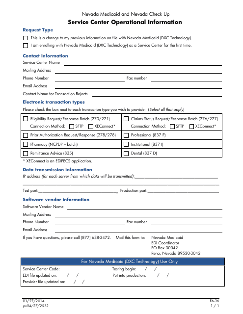 Form FA-36 Service Center Operational Information - Nevada