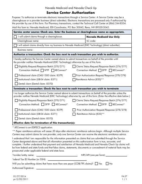 Form FA-37 Service Center Authorization Form for Providers - Nevada
