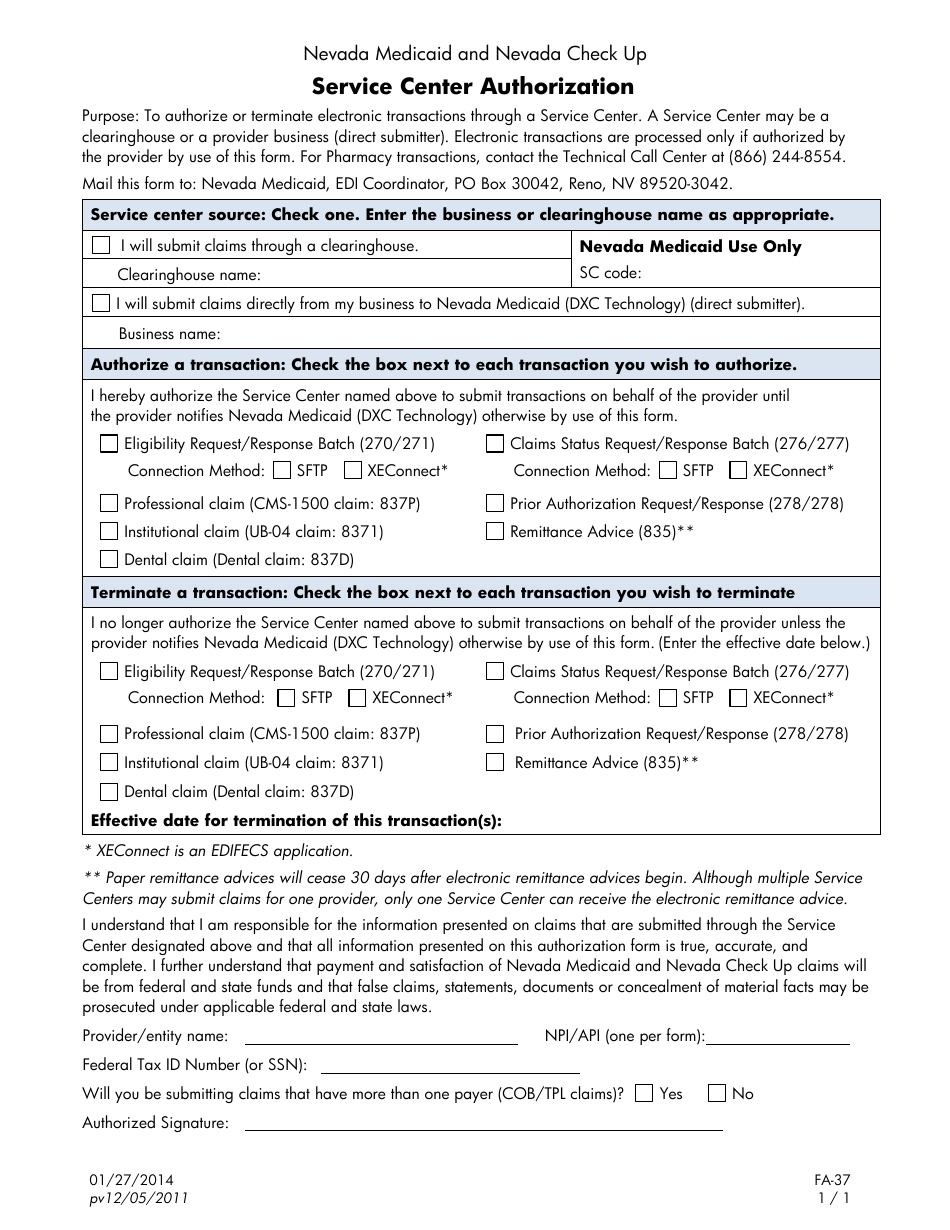 Form FA-37 Service Center Authorization Form for Providers - Nevada, Page 1