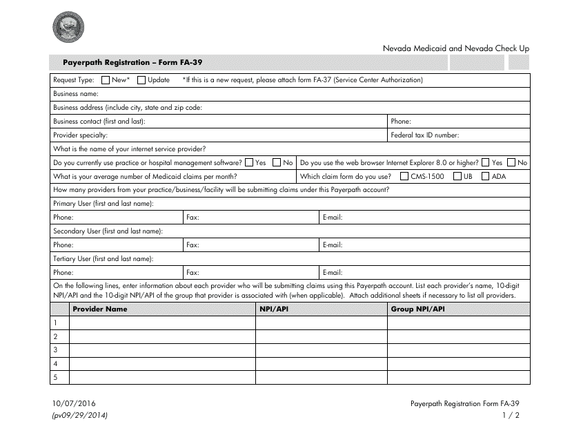 Form FA-39 Payerpath Registration - Nevada
