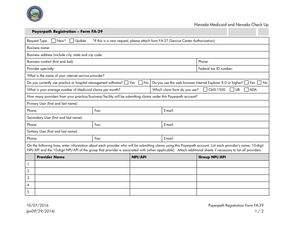 Form FA-39 Payerpath Registration - Nevada, Page 1