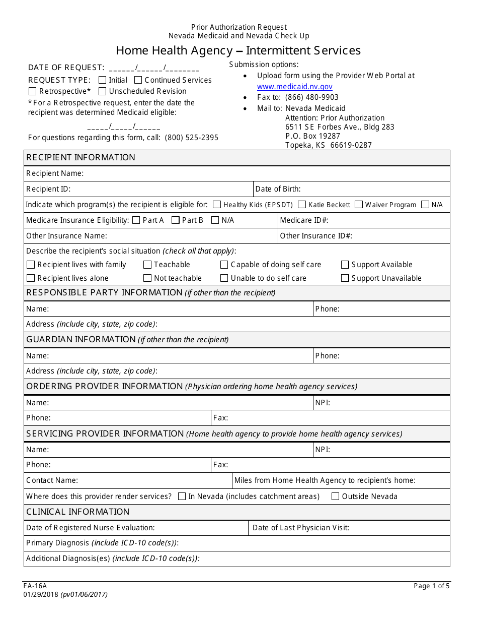 Form FA-16A Intermittent Services Prior Authorization Request - Home Health Agency - Nevada, Page 1