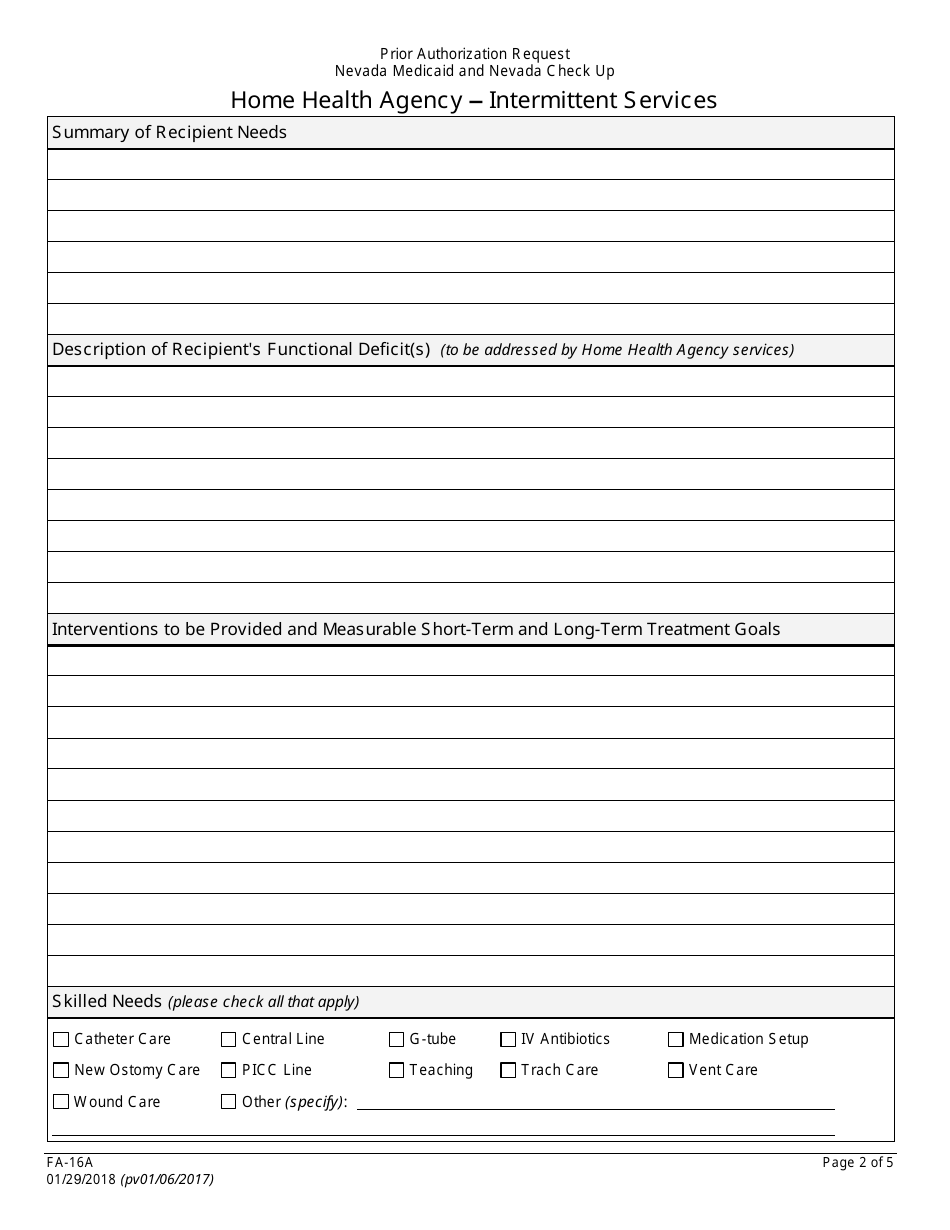 Form FA-16A Intermittent Services Prior Authorization Request - Home Health Agency - Nevada, Page 2